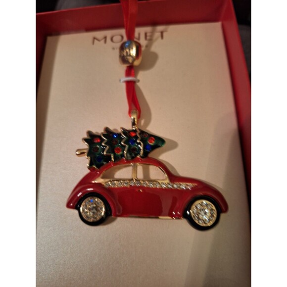 2024 Monet Red VW Bug Car Carrying Christmas Tree With Rhinestones Ornament - Picture 2 of 4